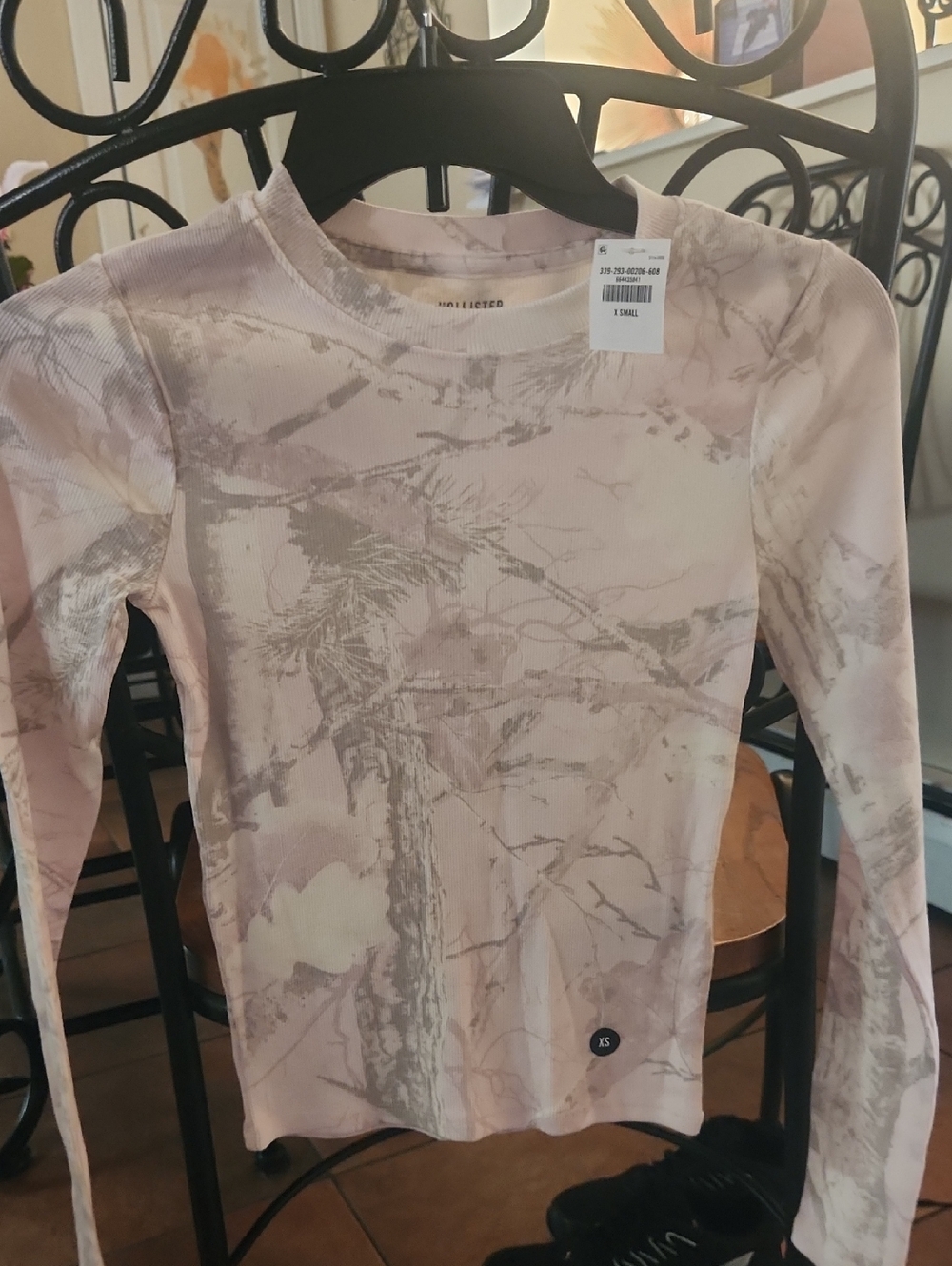 Hollister Pink and Beige Camo-Print Long-Sleeve Top